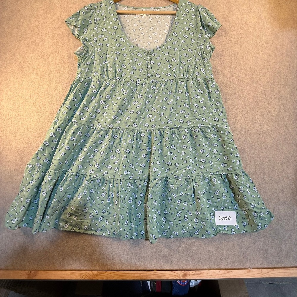 Aeropostale Sage Green Floral Tiered Babydoll Mini Dress Womens Large Button